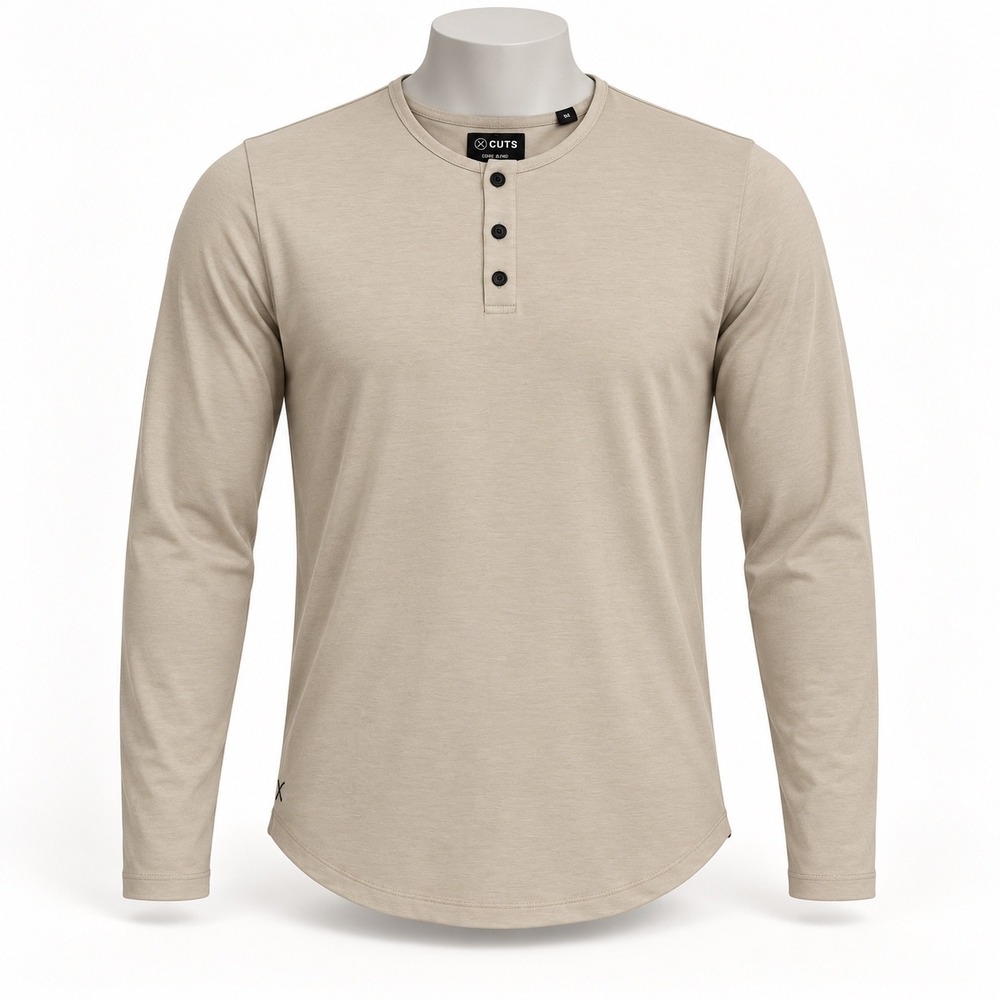 Cuts Henley Shirt Size S Tan Solid PYCA Pro Curved Hem Long Sleeve Minimalist